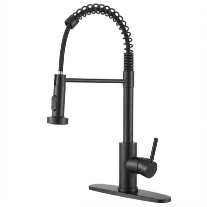 Matte black kitchen faucet with pull-down sprayer and coiled hose, single-handle design.