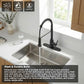 Matte black pull-down kitchen faucet with single handle, arch spout, and spray hose.