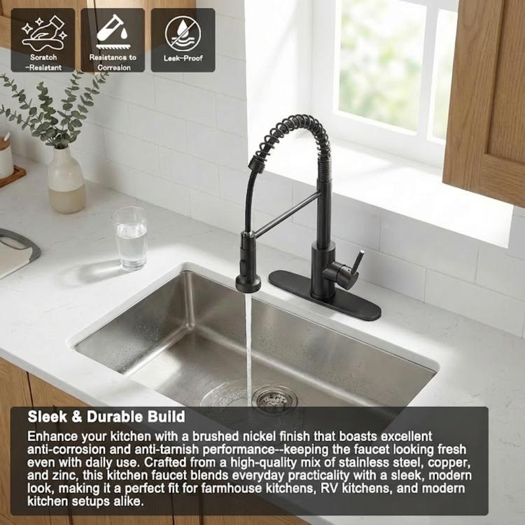 Matte black pull-down kitchen faucet with single handle, arch spout, and spray hose.