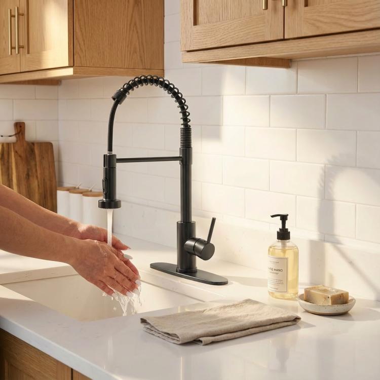 Matte black kitchen faucet dispensing water from pull-down sprayer over sink.