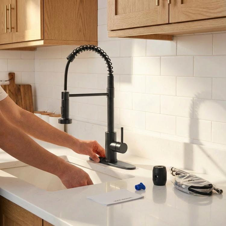 Matte black kitchen faucet with pull-down sprayer and single handle on counter beside sink.