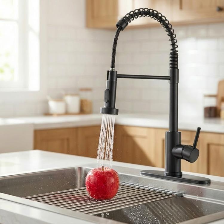 Close view of matte black faucet pouring water into stainless steel sink.