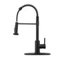 Matte black single-handle kitchen faucet with pull-down sprayer and coiled hose.