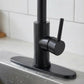 Matte black single-handle faucet close-up on flat base with control lever.