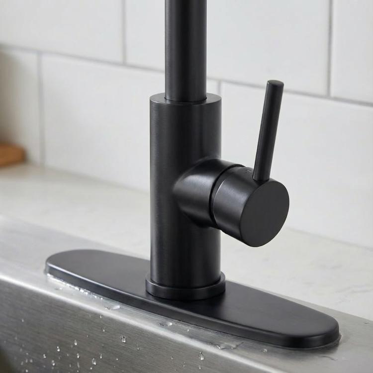 Matte black single-handle faucet close-up on flat base with control lever.