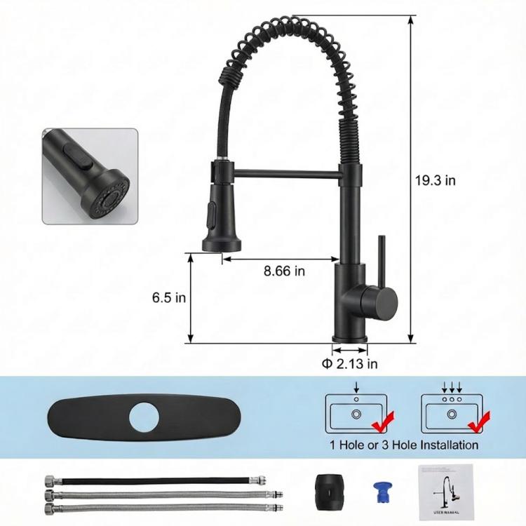 Matte black faucet dimension diagram with pull-down sprayer and single-hole installation.
