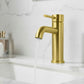 Brushed gold bathroom faucet with steady water stream from curved spout