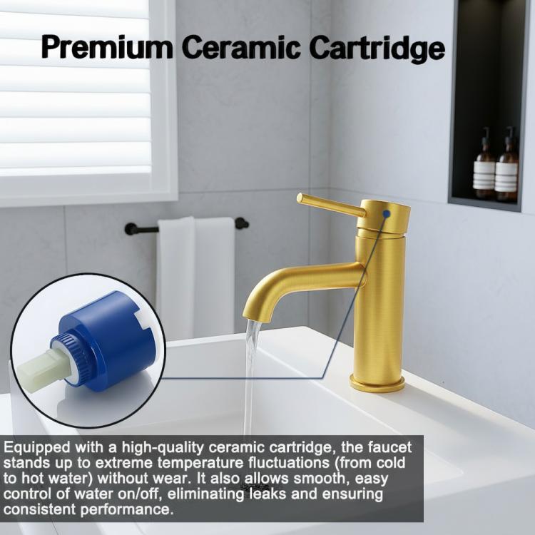 Brushed gold single-handle bathroom faucet with water flow and cartridge detail callout
