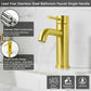 Brushed gold single-handle bathroom faucet with icons and material callout overlays