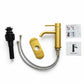 Brushed gold bathroom faucet kit with hoses, mounting plate, and installation parts