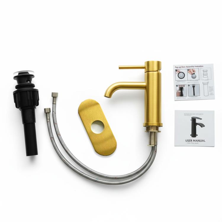 Brushed gold bathroom faucet kit with hoses, mounting plate, and installation parts
