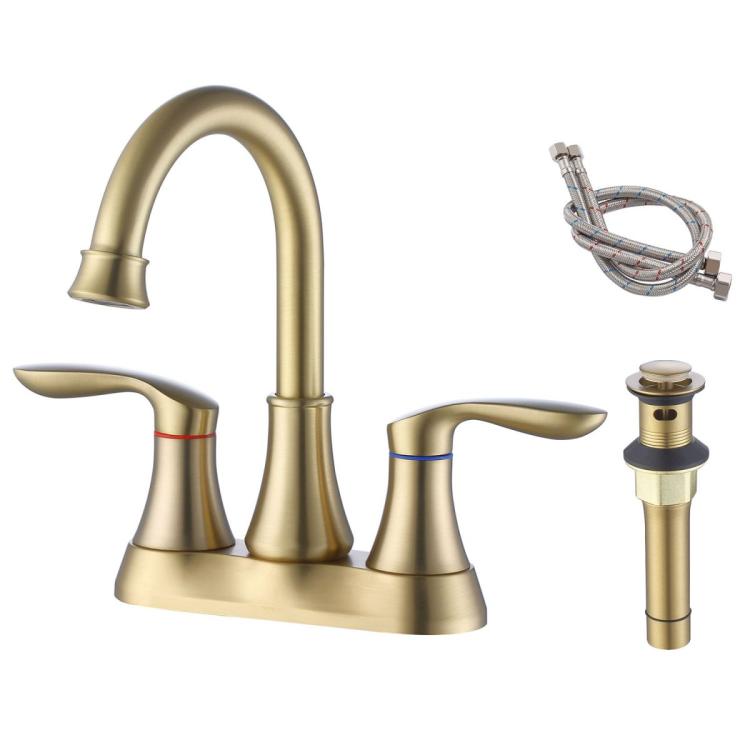 Brushed gold 2-handle bathroom sink faucet with high-arc spout and pop-up drain