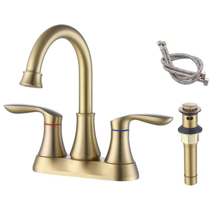 Brushed gold 2-handle bathroom sink faucet with high-arc spout and pop-up drain
