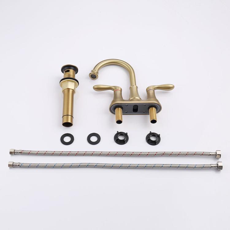Brushed gold faucet components: 2 handles, high-arc spout, and pop-up drain parts