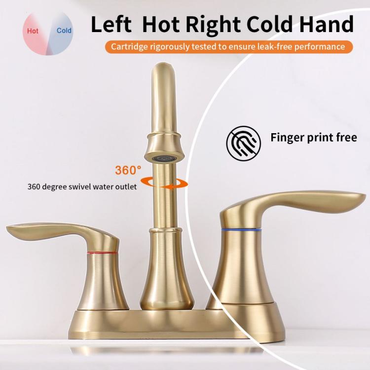 Brushed gold 2-handle widespread faucet with 360-degree swivel spout outlet
