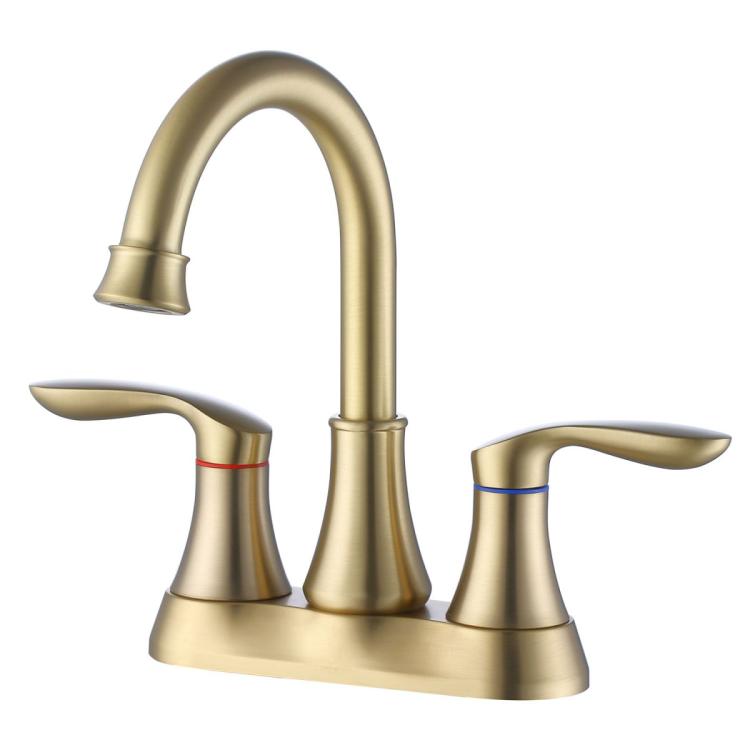 Brushed gold 2-handle bathroom faucet with high-arc spout and curved lever handles