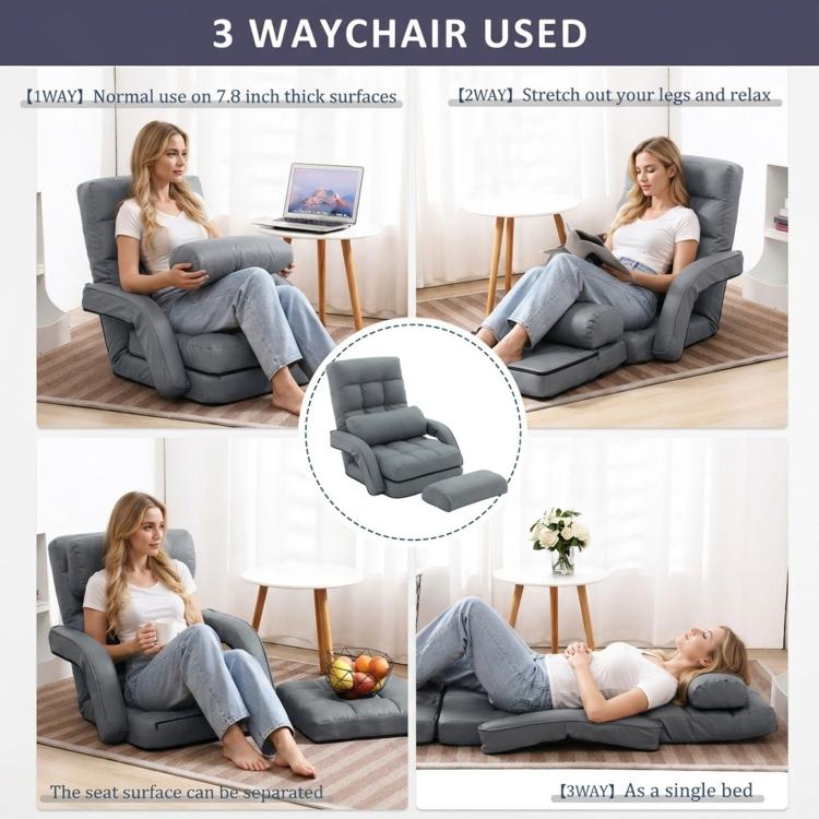 Grey folding lounge chair with split seat panels, reclining back, and included pillow