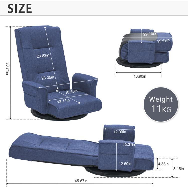Blue adjustable folding floor lounger with armrests; side view with dimensions.