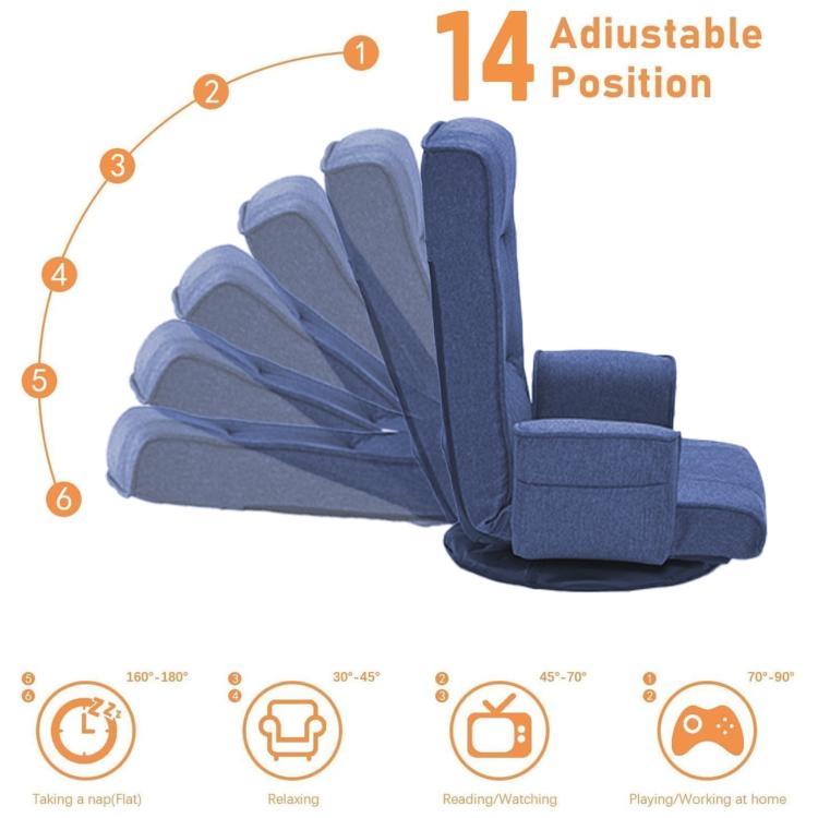Blue 14-position adjustable swivel floor chair showing recline positions.