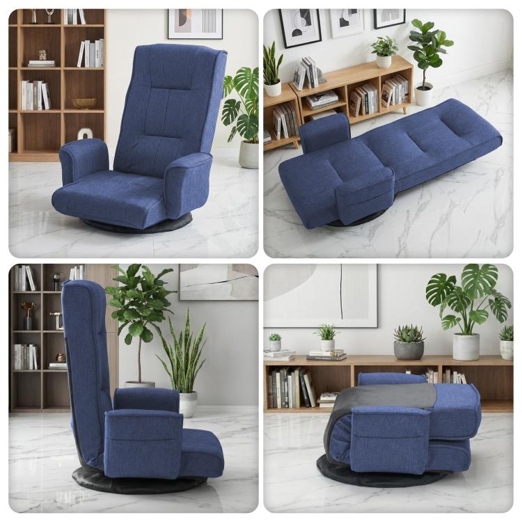 Blue swivel floor chair in a living room setting, folded-out recline view.