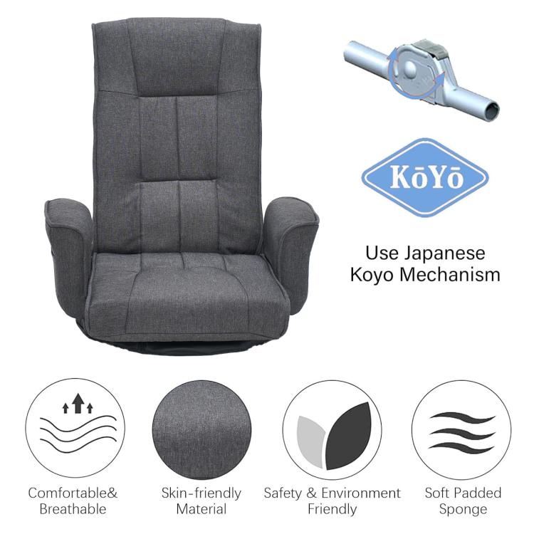 Dark grey floor gaming chair with tall backrest and soft seat cushion