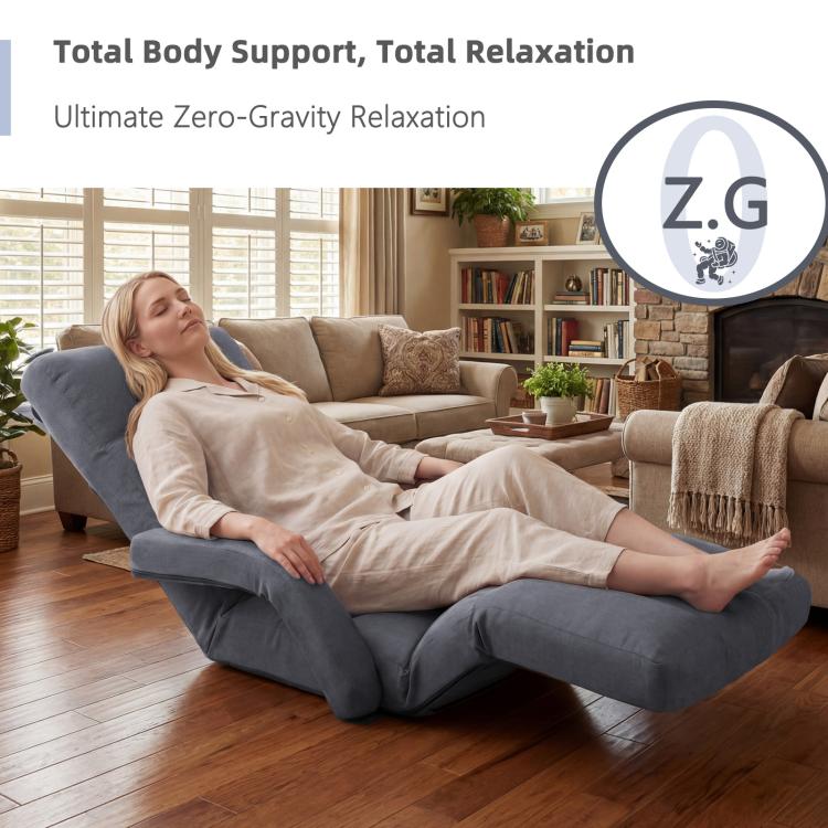 Grey zero-gravity padded floor chair with supportive backrest and extended legs