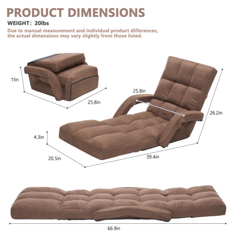 Brown recliner floor chair with padded backrest and lifted ottoman-style footrest