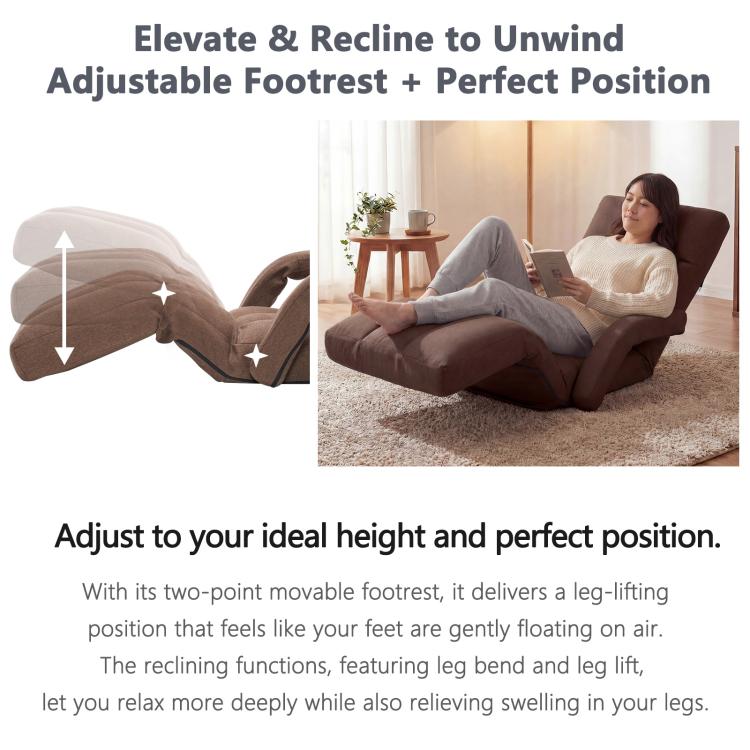 Brown adjustable floor chair with two-point movable footrest for custom recline