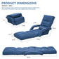 Blue floor reclining chair with tufted cushions and adjustable footrest, side view