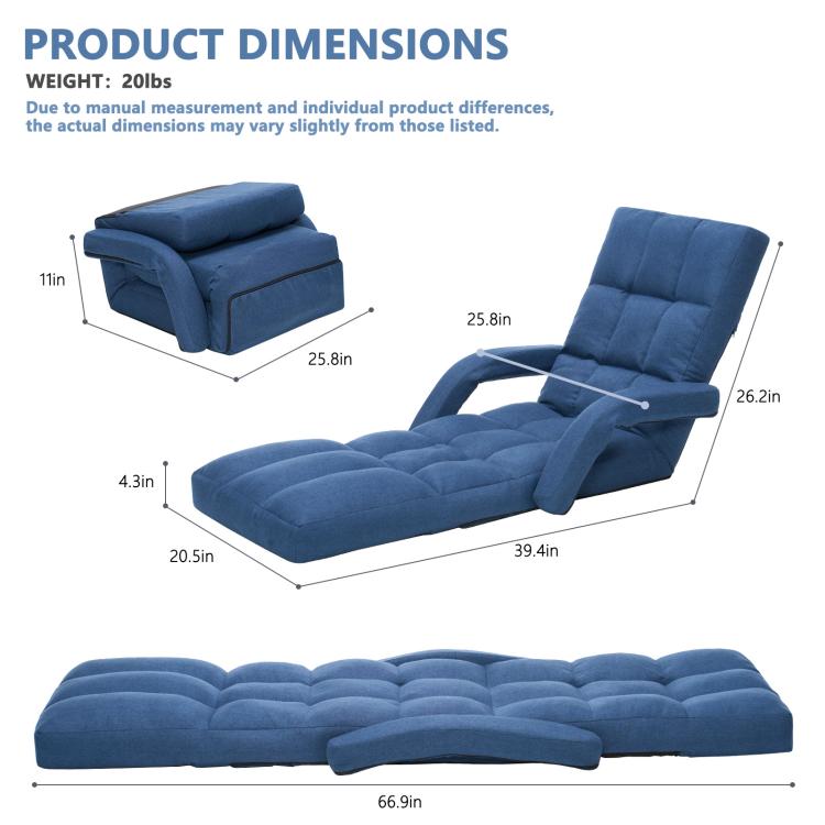 Blue floor reclining chair with tufted cushions and adjustable footrest, side view