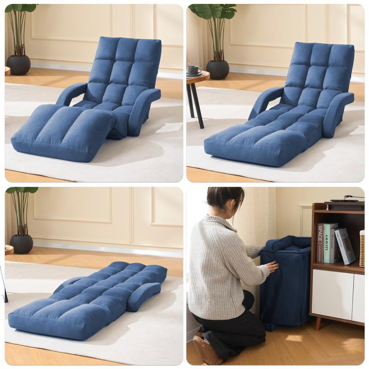 Blue padded floor recliner chair shown in reclined positions with tufted cushions