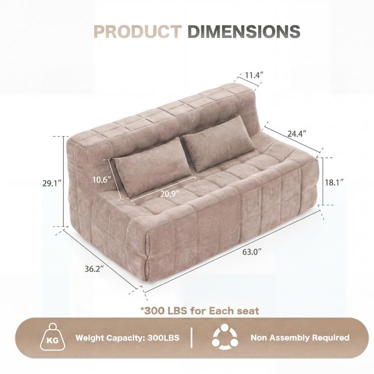 Beige modular floor sofa chair, shown with dimensions and seat depth