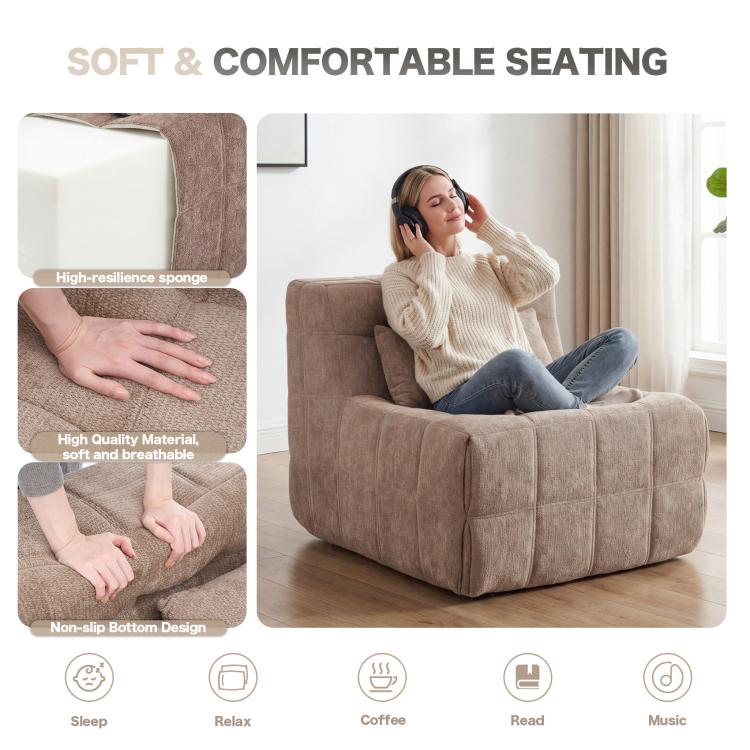 Beige floor sofa chair with textured upholstery and supportive seat cushion