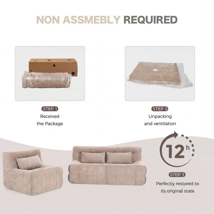 Non-assembly floor sofa chair packaging and unboxing steps for beige model