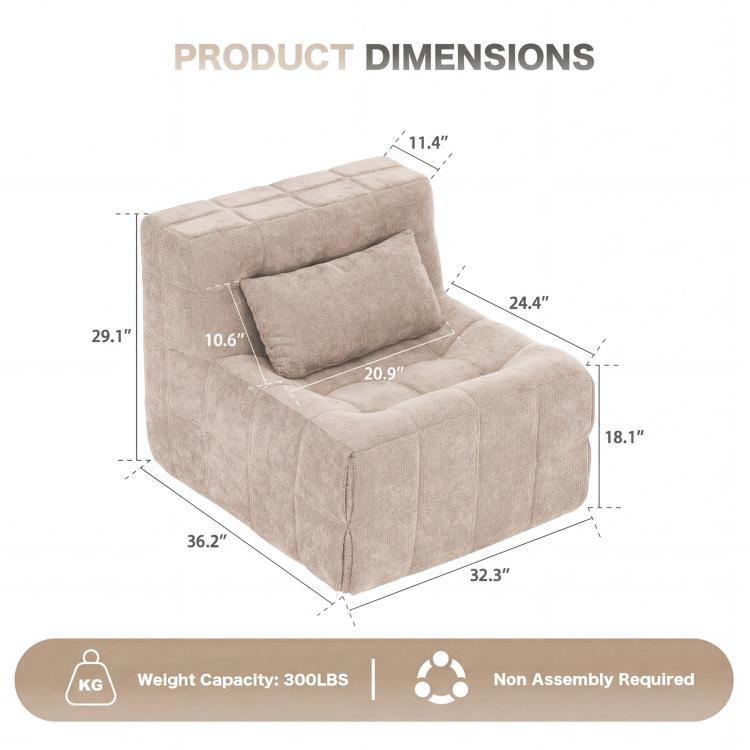 Single Floor Sofa Chair, Boneless Sofa Cloud Couch, Chenille Modular Accent Chair with High Resilience Sponge for Living Room Bedroom No Assembly Required Coffee | Bonless sofa