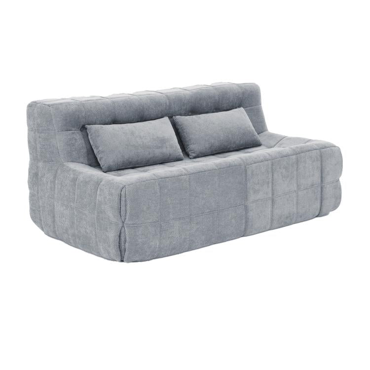 Grey chenille boneless sofa chair with two back cushions and thick padded arms