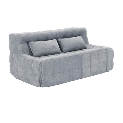 Grey chenille boneless sofa chair with two back cushions and thick padded arms