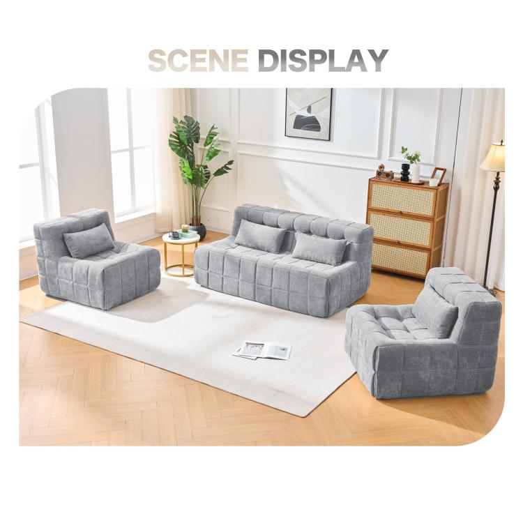 Grey modular boneless sofa chair set with multiple seats and back pillows