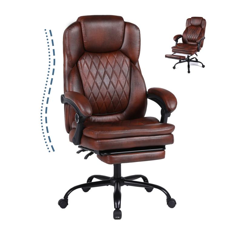 Brown high-back office desk chair with diamond-stitched PU leather and headrest