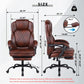 Brown reclining office chair with footrest, curved arms, and wide padded seat