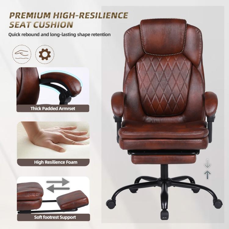 Brown PU leather executive chair with padded headrest, lumbar support, and footrest