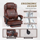 Brown ergonomic office chair with thick headrest, lumbar support, and 360° wheels