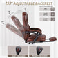 Brown adjustable high-back office chair with recline angles and built-in footrest