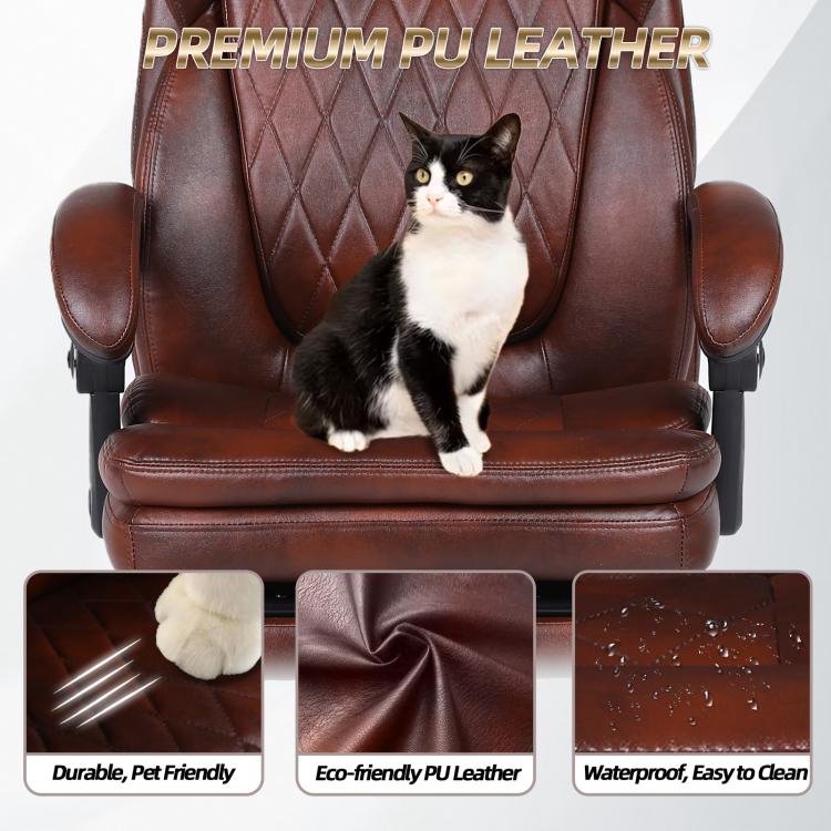 Brown PU leather office chair with diamond quilting, wide seat, armrests, and footrest