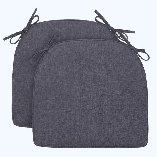 Set of 2 grey D-shaped dining chair seat cushions with ties and removable cover