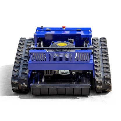 Blue industrial remote-controlled crawler lawn mower with knobby track wheels