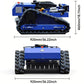 Blue remote-controlled crawler lawn mower, side and front view with cutting deck