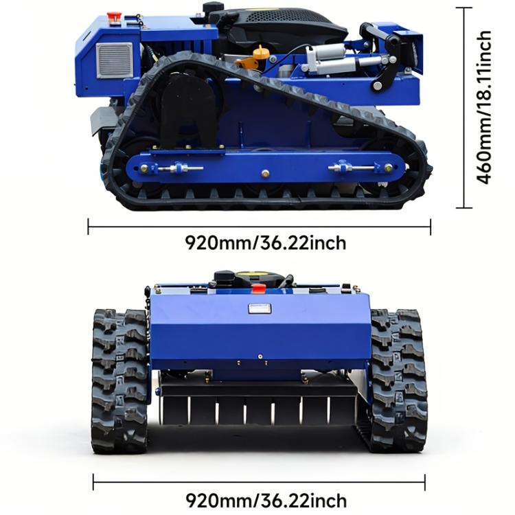 Blue remote-controlled crawler lawn mower, side and front view with cutting deck