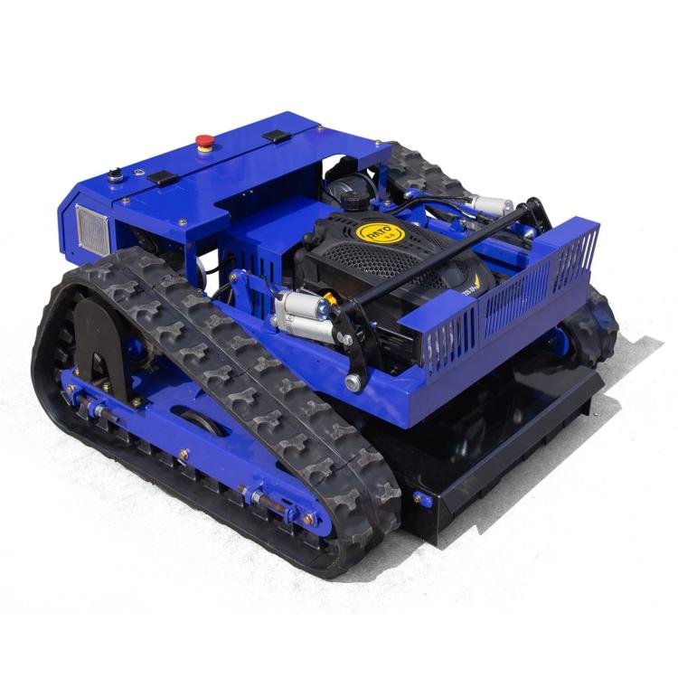 Blue remote-controlled crawler lawn mower with knobby track tires and exposed engine