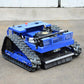 Blue remote crawler lawn mower with engine cover, side grille, and knobby tracks